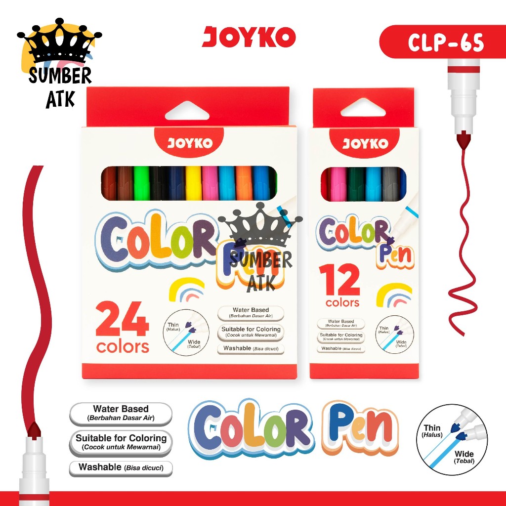 

Color Pen Pulpen Pena Warna CLP-065 12 24 WARNA JOYKO Water Based , Washable Drawing