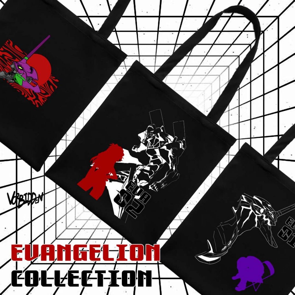 TOTEBAG ANIME Evangelion Collection Shinji, Asuka | Totebag Tas Anime Manga Kanvas Hitam Premium 35x