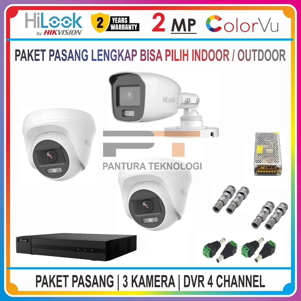 PAKET 3 KAMERA CCTV HILOOK 2MP COLORVU 24 JAM WARNA DVR 4 CHANNEL PROMO LENGKAP SIAP PASANG