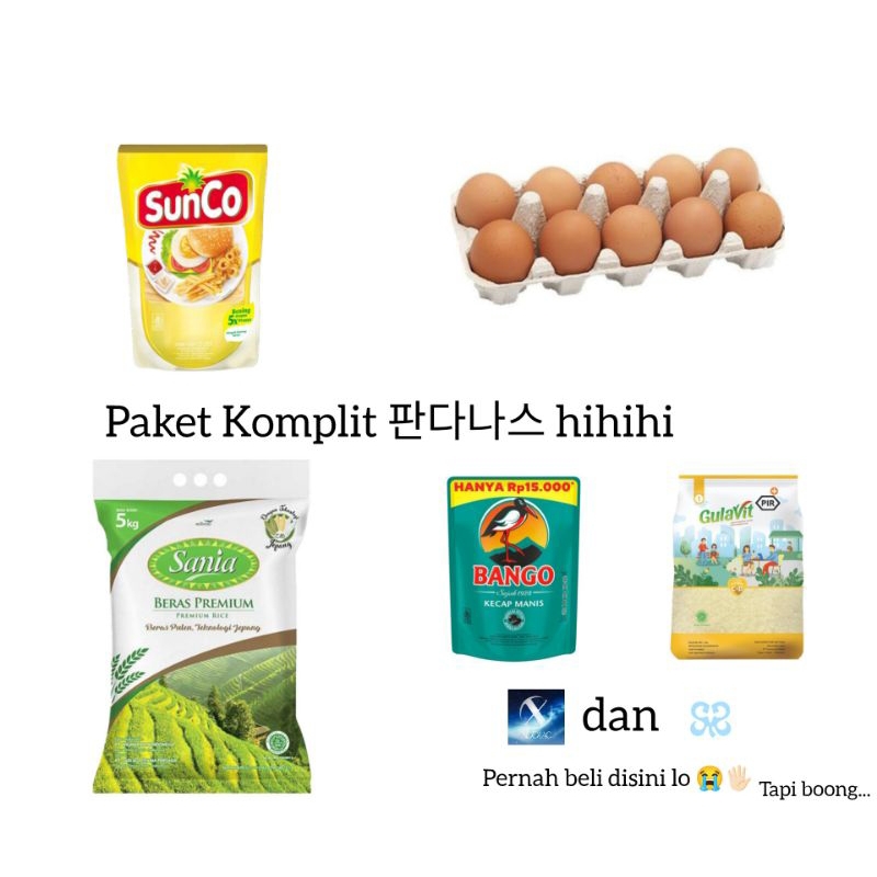 

Paket Komplit Pandanas Beras 5kg Kecap Minyak Goreng 2 Liter Telur 10 pcs Gula 1kg