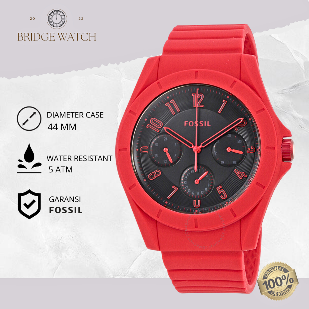 Jam Tangan Pria Fossil Poptastic FS5289 Original Chronograph Red Rubber Strap Black Dial Sporty Casu