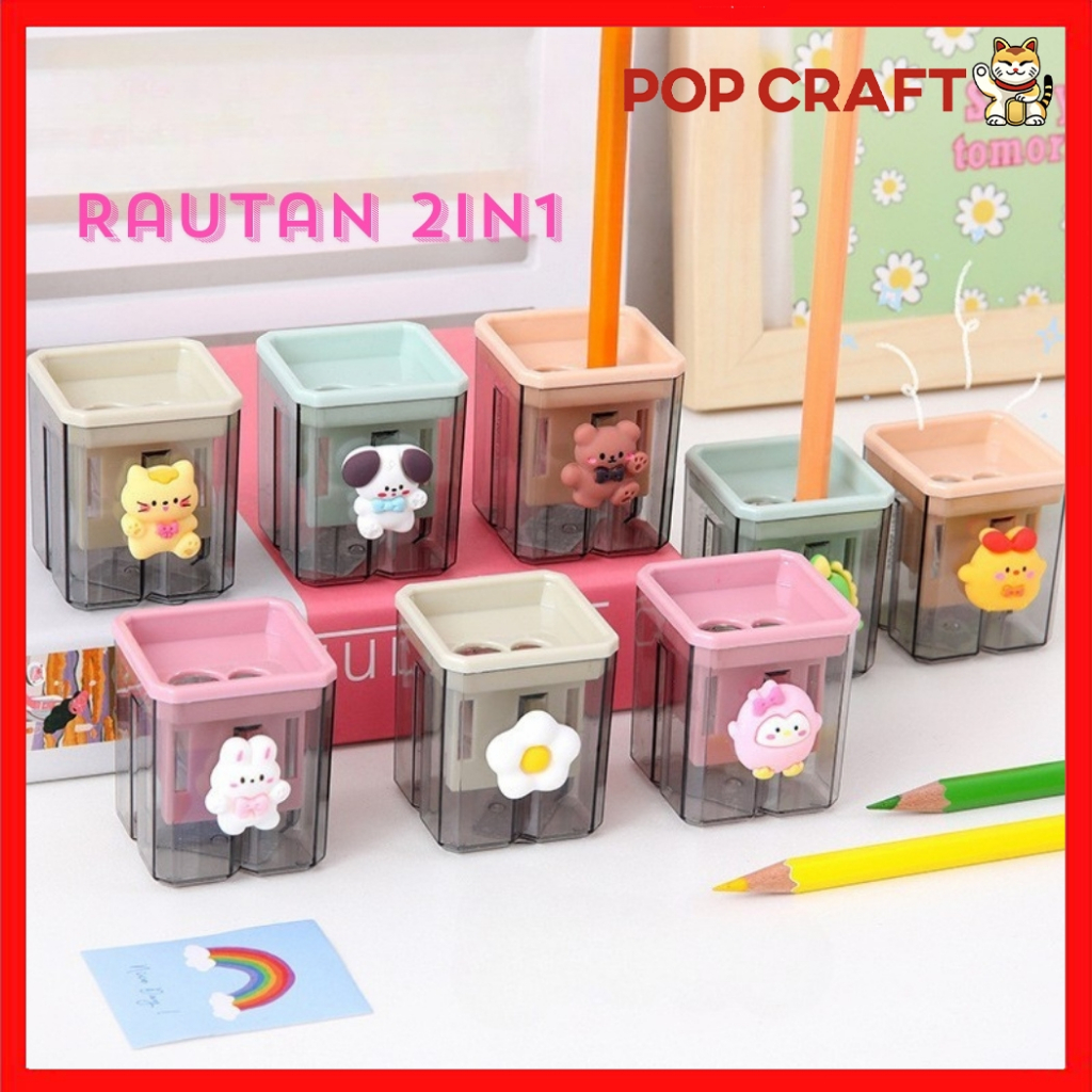 

PC Rautan Serutan Pensil Putar Sharpener 2 Lubang Karakter Rautan Dengan Penutup Rautan Tabung AT32