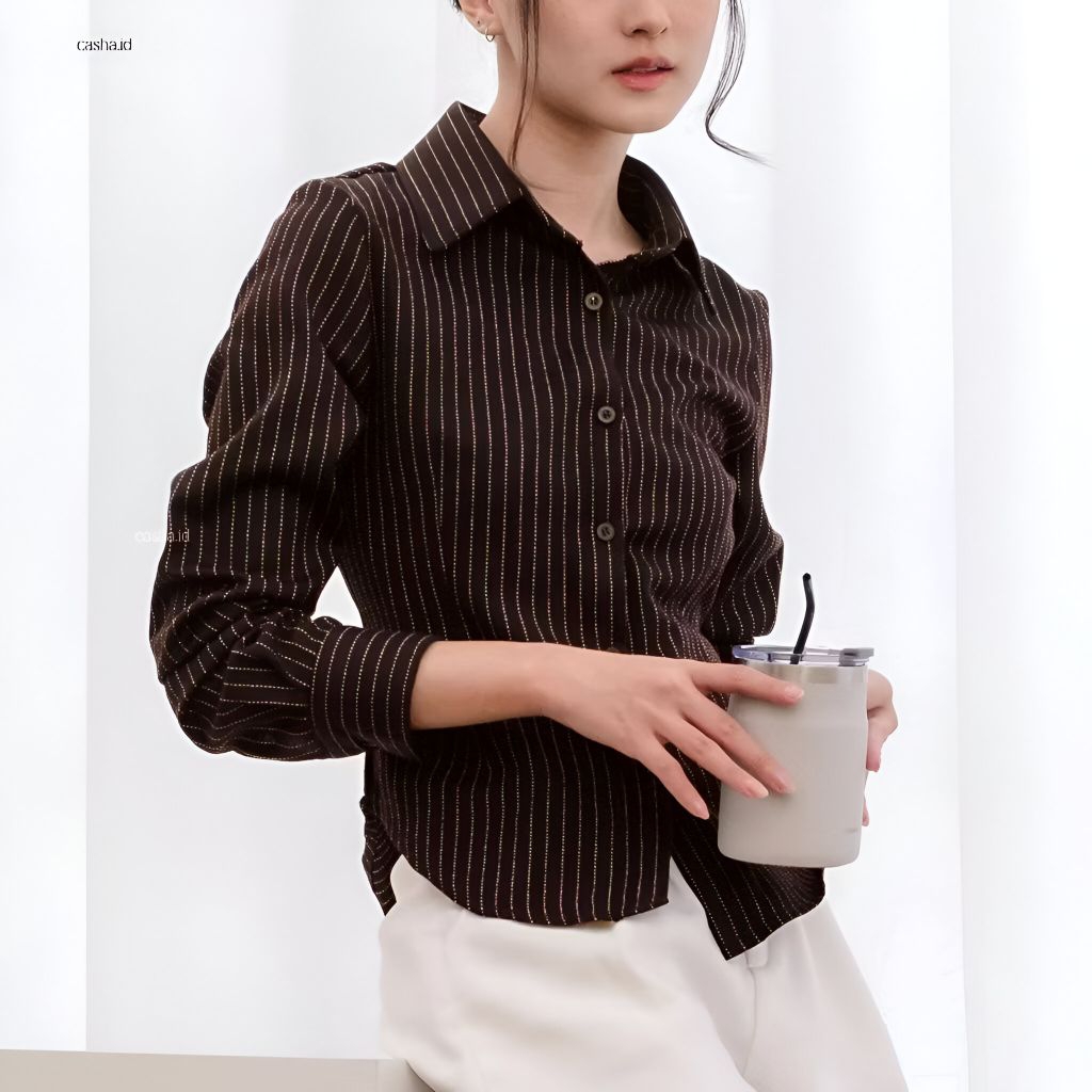 Kemeja wanita Luna Stripe Long sleeve Terbaru model salur katun premium