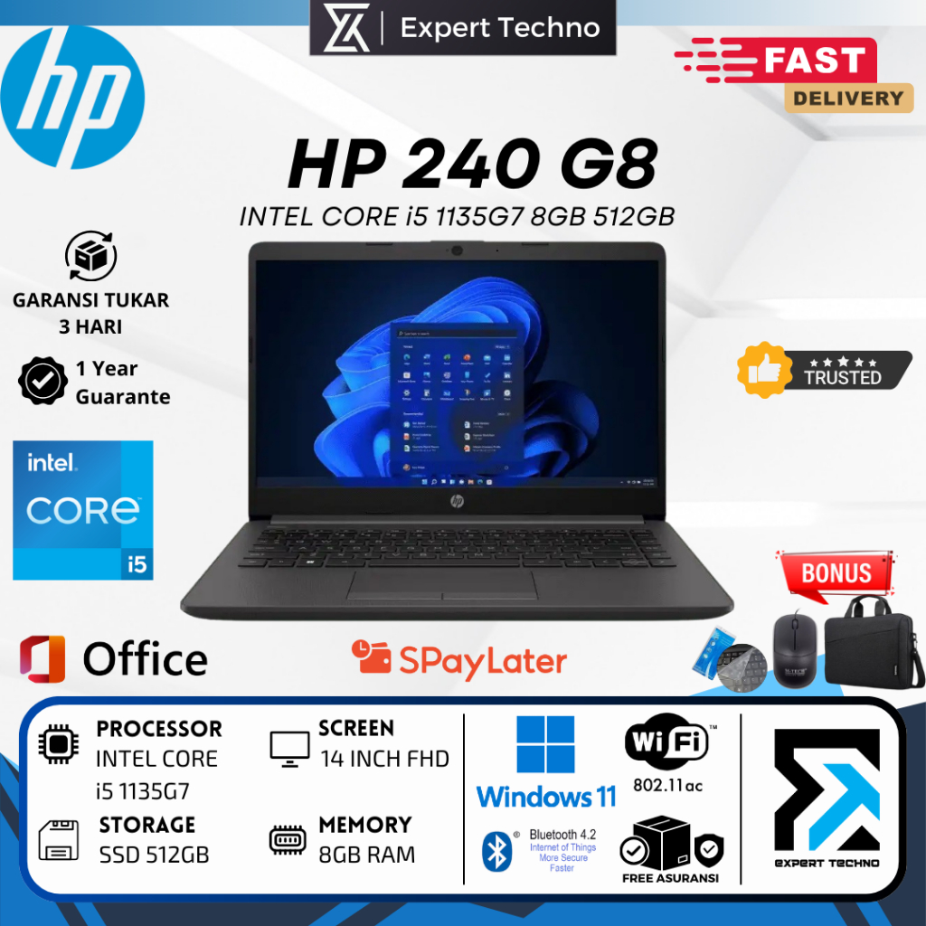 LAPTOP HP INTEL CORE i5-1135G7 - RAM 8GB SSD 512GB 15 INCH WIN11 - Free Mouse & Mousepad
