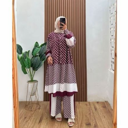 ALFAUZI - Setelan Tunik Midi Viscose Almini Motif Abstrak Celana Panjang Jumbo Hijab Gamis Lebaran