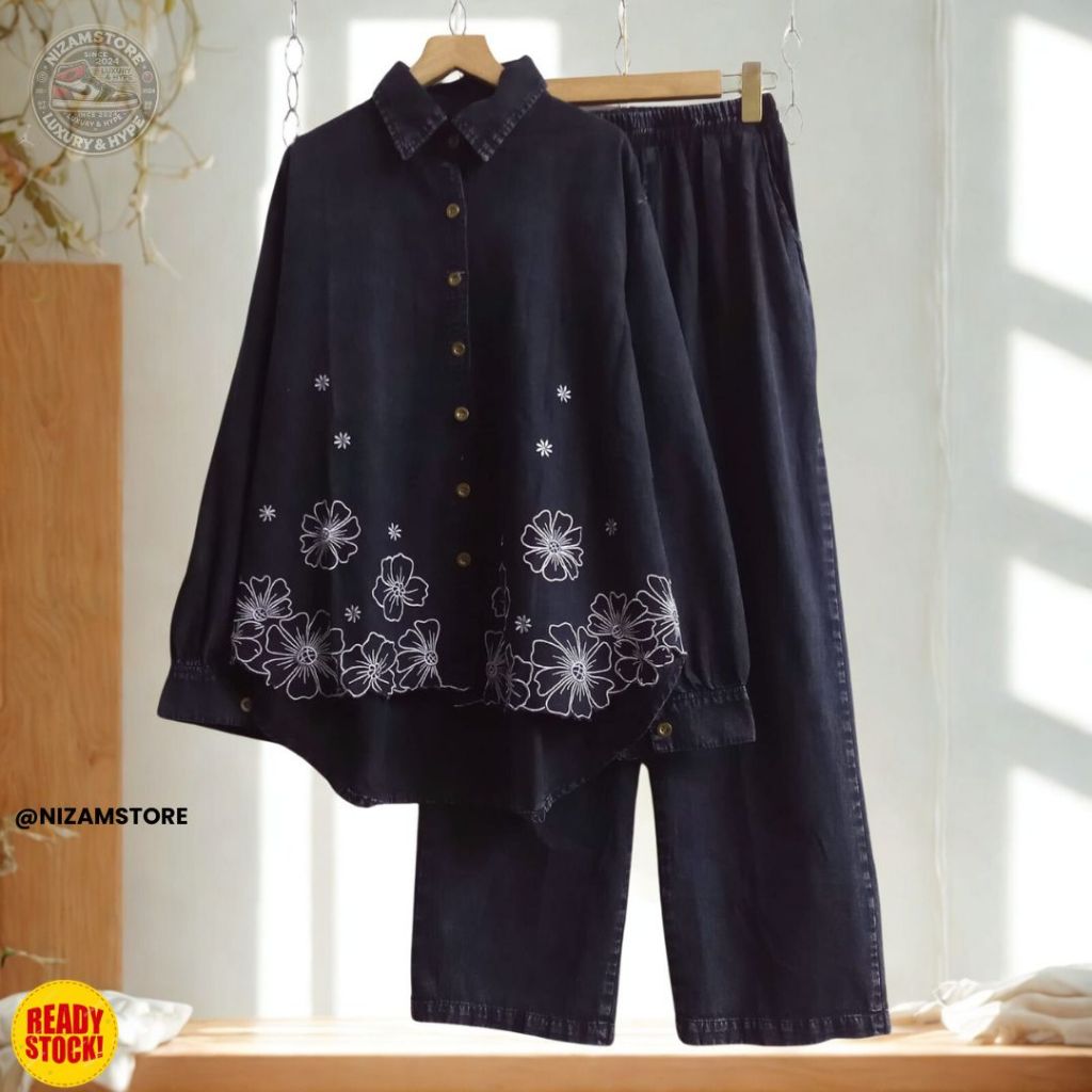 Setelan Jeans Bordir Wanita Atasan Tunik dan Celana Panjang | Baju Jeans Wash Embos Muslimah Jumbo L