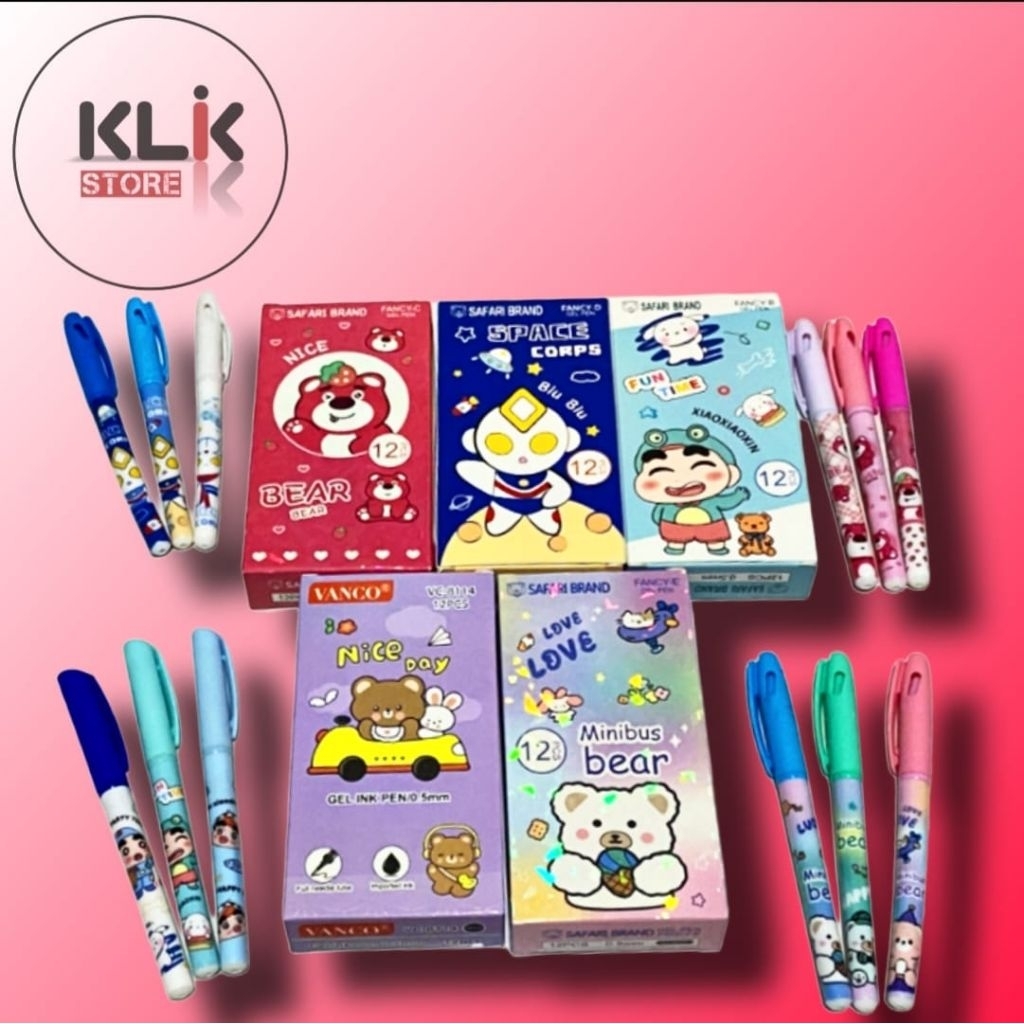 

(Pack / 12pcs) Gel Pen Fancy 0.5mm Safari Brand Tinta Hitam / Pulpen Pena Bolpen Ballpoint Lucu Karakter