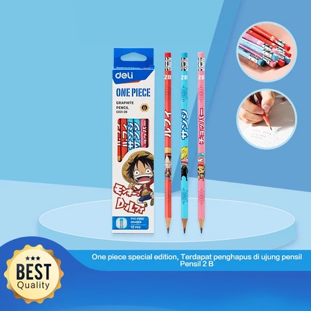 

Deli One Piece Pensil Kayu Grafit 2B Lucu Kartun One Piece Free Penghapus 12 Pcs / Box EC021-2B