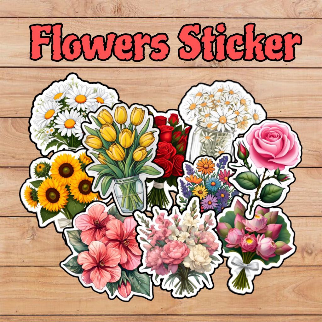 

COD✨Stiker Bunga Stiker Bucket Bunga Bahan Vinyl+Laminasi Size 6-7cm