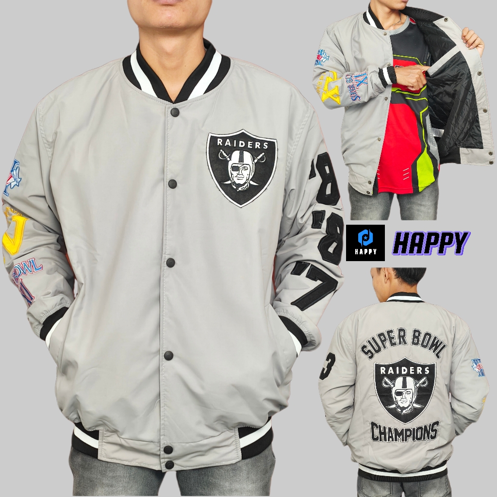 HAPPY Bomber Jaket Varsity Raiders Super Bowl Champions Casual Vintage - Grey