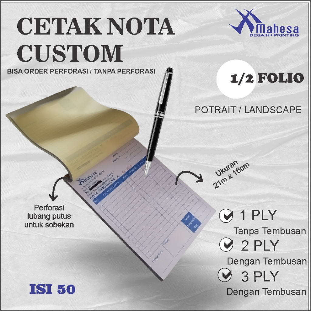 

1 RIM Nota Custom 1 ply, 2 ply 3, ply ukuran folio 1/2, 1/4, 1/6, 1/8