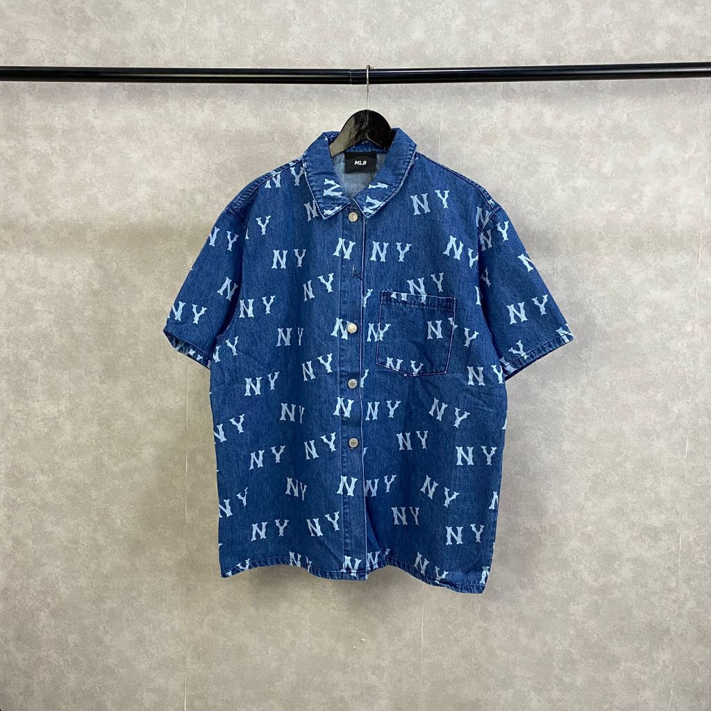 [ HIGH QUALITY ] Kemeja Mlb Navy Full Motif Lengan Pendek Kemeja Pria Unisex Kemeja oversize Tee Kem