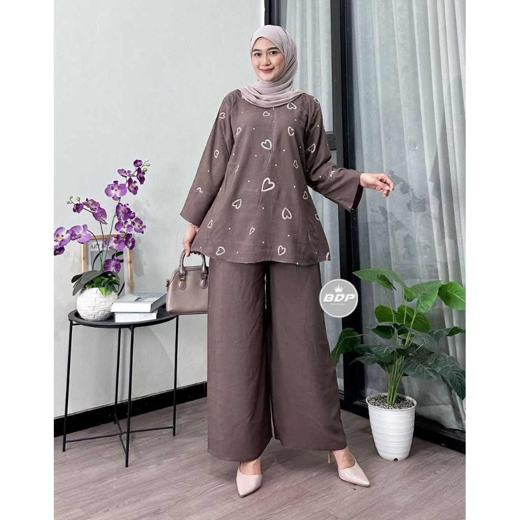 BDP Setelan Baju dan Celana One Set Batik Bahan Rayon Wanita Panjang Kulot Atasan Tunik Dewasa Remaj