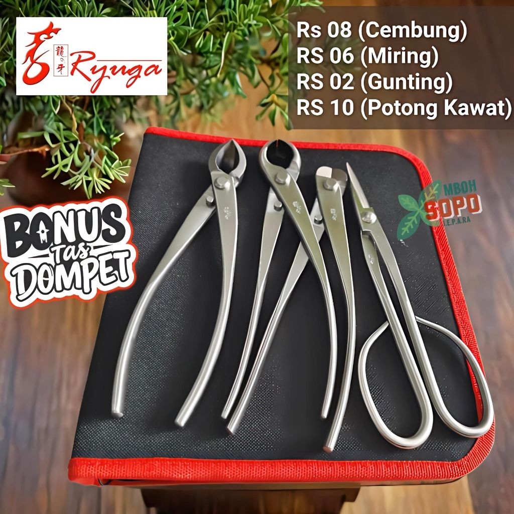 Alat Bonsai Ryuga Stenlis, Set 4 Alat BONUS Tas Dompet