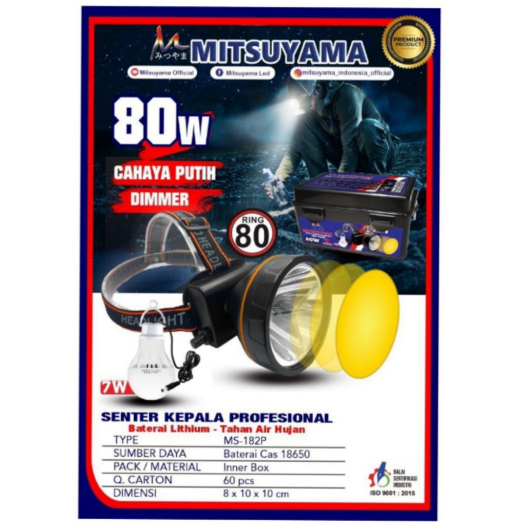 Senter Kepala Headlamp Dimmer Professional MS-182P Mitsuyama Terang