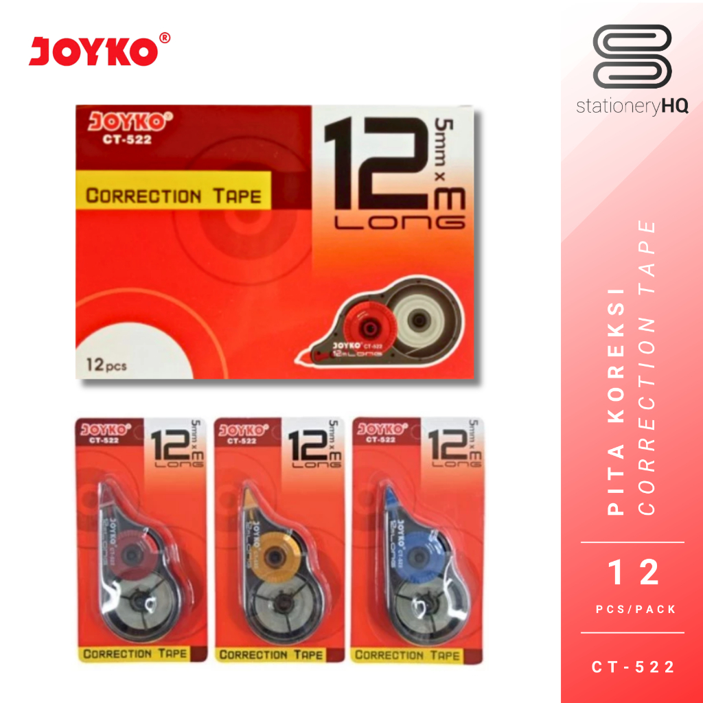 

(12 Pcs) Correction Tape / Pita Koreksi / TipeX Kertas Joyko CT-522 12M