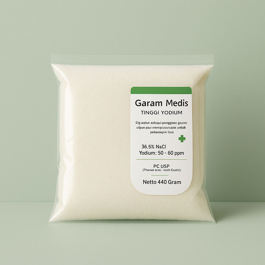 

Garam Medis Tinggi Yodium 440 Gram PG USP 96,6% NaCL