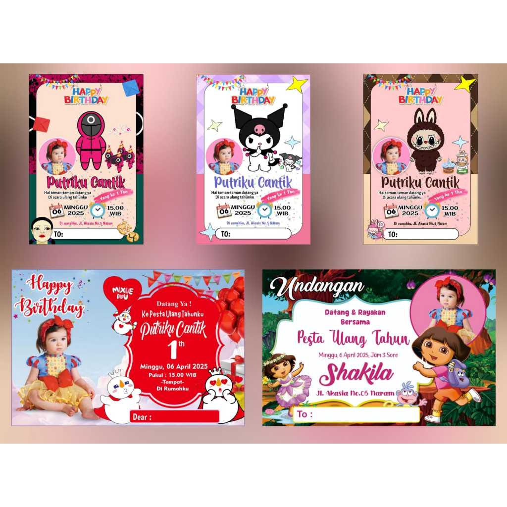 Undangan Ulang Tahun Anak untuk Anak Perempuan (Tema: SQUID GAME, KUROMI, LABUBU, MIXUE, DORA)