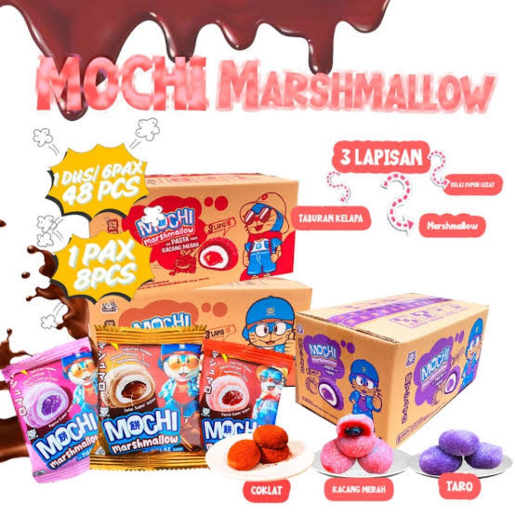 

Mochi Marshmallow Lembut Aneka Rasa Coklat Taro Mangga Kacang by Sidore 1pack isi 8 pc