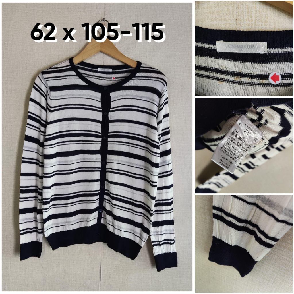 Cardigan Cinema Club Navy Putih Salur O Neck Size L Wanita Atasan Cewek Outer Knit Bahan Agak Tipos 