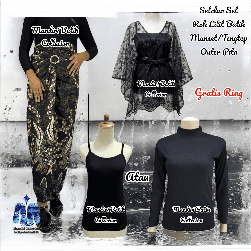 Set Kebaya Rok Lilit Bawahan Panjang Outer Hitam Tille Pita Cantik Satin Brukat Hitam Modern Mewah