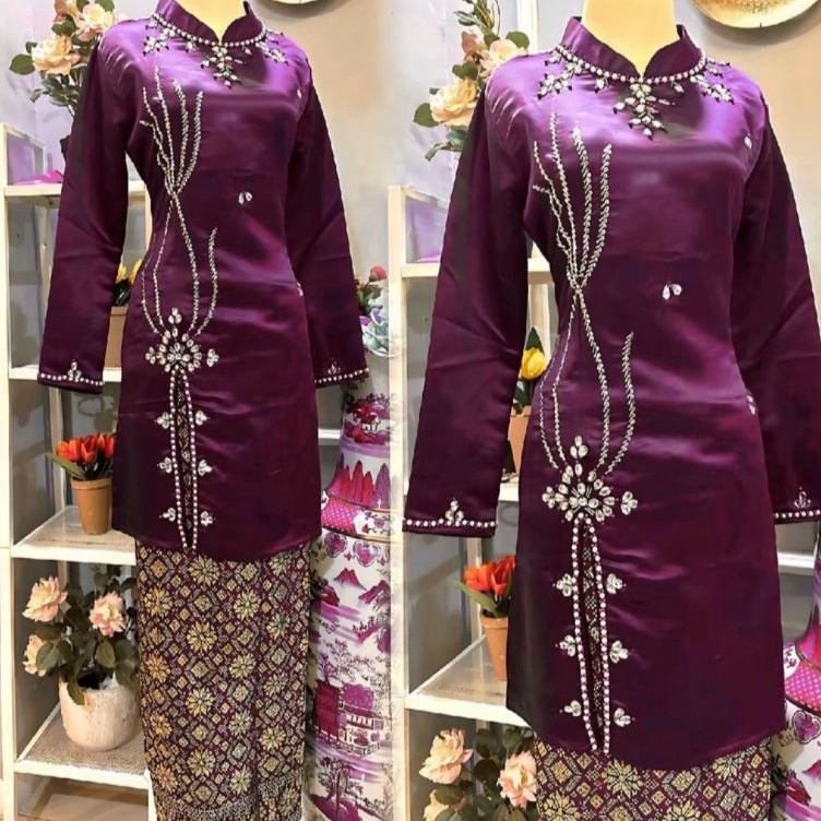 KODE N55R Stelan Baju Kurung Melayu Belah Rok Songket  Baju kurung Melayu Payet  Kebaya Kurung Pesta