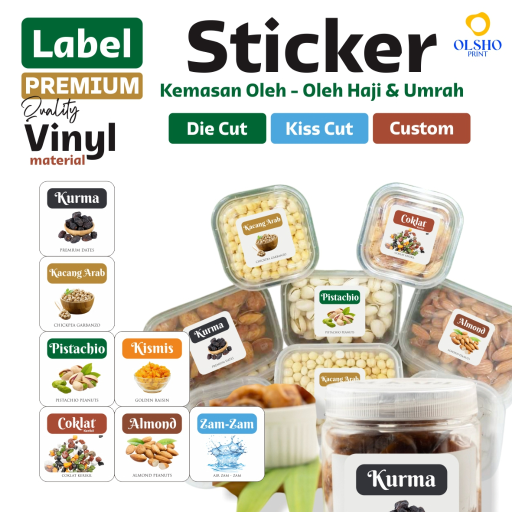 

OLSHOPRINT - STICKER VINYL LABEL KEMASAN OLEH OLEH HAJI DAN UMROH STICKER KEMASAN DIE CUT KISS CUT