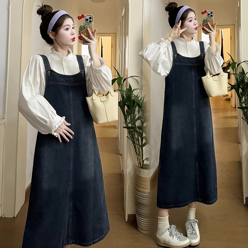 Keygirl Rok overall denim untuk ibu hamil Overall Jeans Rok Panjang Casual Midi Dress Oversize Kekin