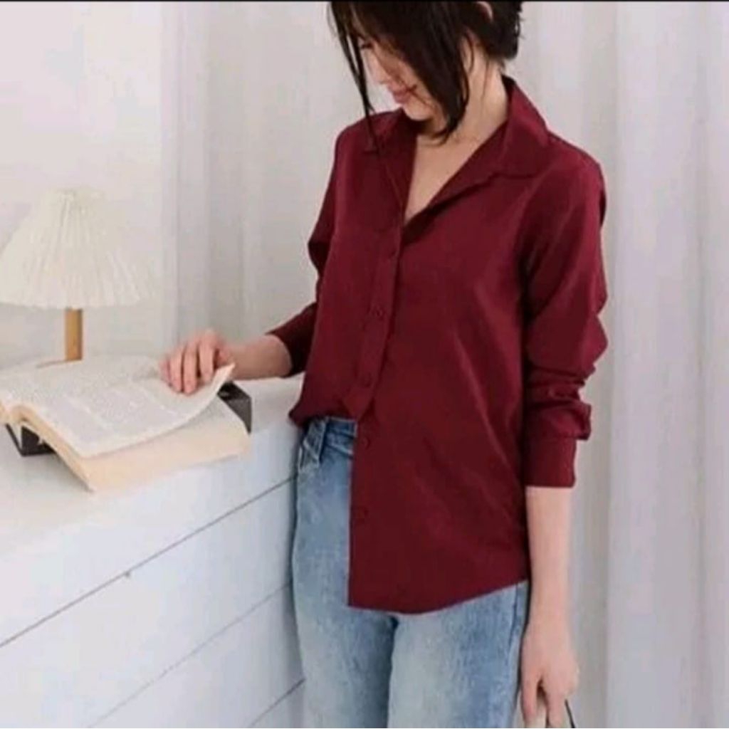 Kemeja Polos Wanita Atasan Kasual Polos Putih Hitam biru muda Navy Sage Merah Formal Kemeja Kerja