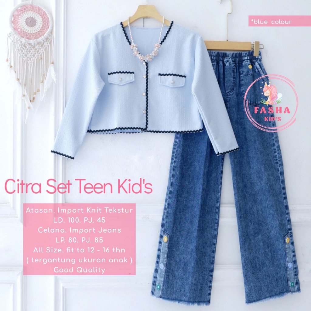 Citra | Eifa | Erina | Felis | Tika | Ussy - Setelan Baju Outer Cardigan Knit dan Celana Jeans Anak 