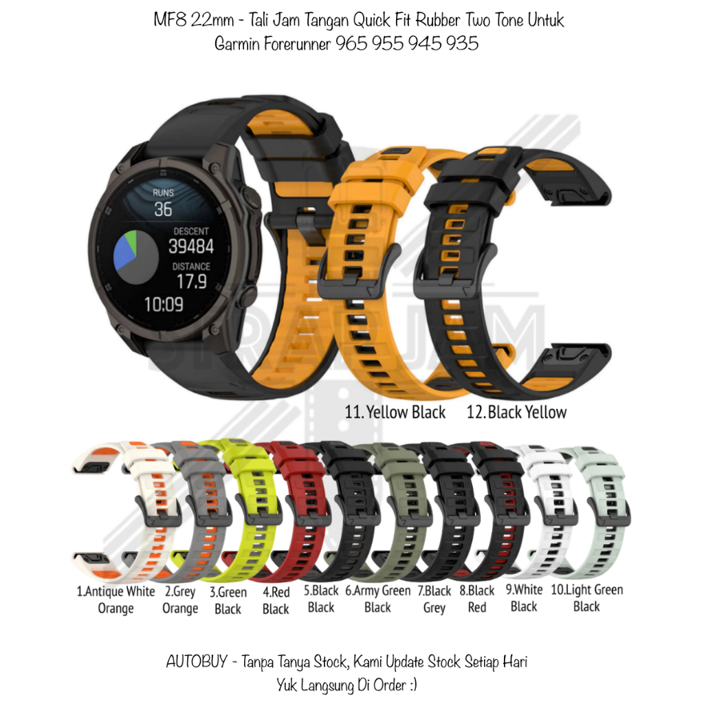 MF8 22mm Strap Garmin Forerunner 970 965 955 945 Quick Fit Rubber Silikon - Tali Jam Tangan Two Tone