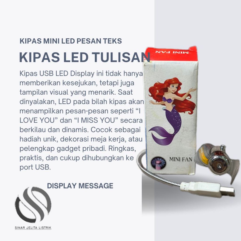 Kipas Mini LED Pesan Teks | Mini Fan LED USB Display Message Tulisan I LOVE YOU I MISS YOU DLL