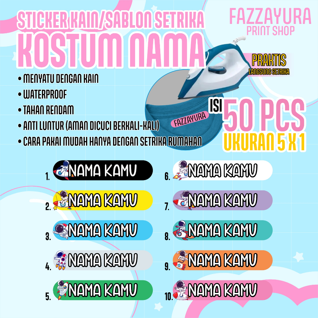 

TERMURAH ISI 50 PCS | STICKER KAIN/SABLON SETRIKA/SABLON KOSTUM NAMA | TEMA ASTRONOT & ROCKET