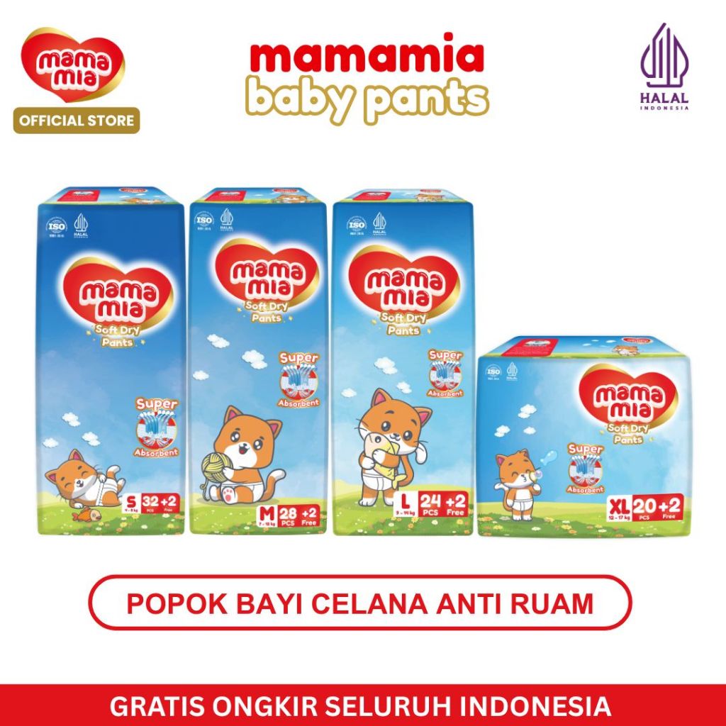 MAMAMIA Soft Dry Pants S34 M30 L26 XL22 HALAL - Popok Bayi Anti Ruam Xtra Lembut Xtra Kering