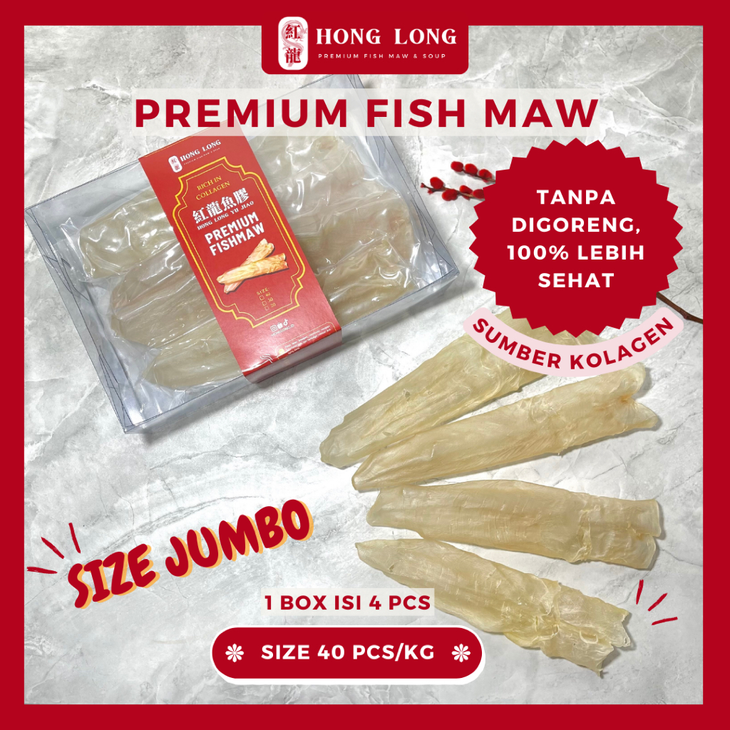 

Hong Long - Premium Fish Maw Size Jumbo 40 Pcs (魚鰾/花膠) Hipio Yiphiau Gelembung Ikan Perut Ikan Kakap Kering Hipiau Grade Super Kualitas Premium