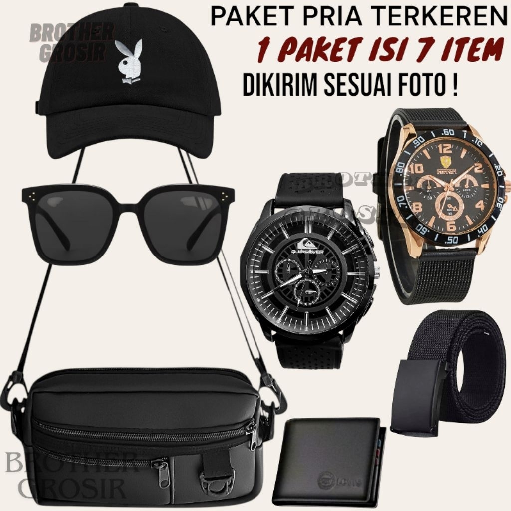 (PROMO PAKET TERKOMPLIT) 7 in 1/Jam Tangan Pria Jam Keren Gratis Tas Selempang,Topi Distro,Dompet Ku