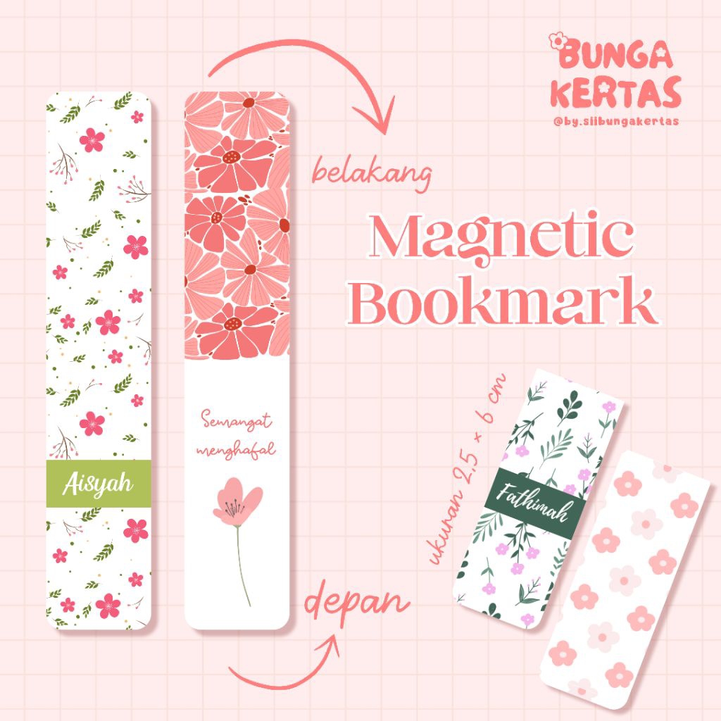 

Magnetic Bookmark Custom Nama Motif Floral / Pembatas Buku Jepit Magnet Aesthetic Anti Jatuh | By Siibungakertas