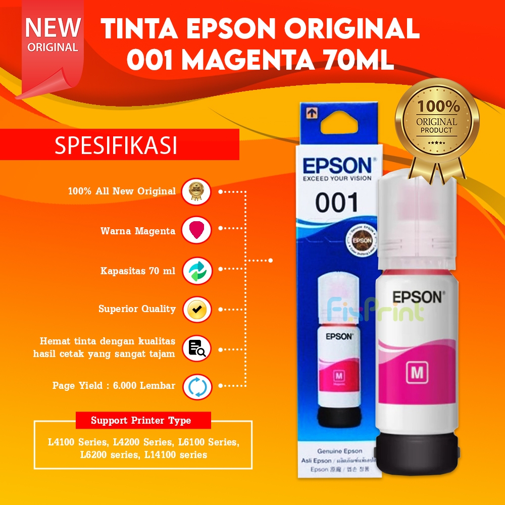 Tinta Epson 001 Cyan C13T03Y200 Magenta C13T03Y300 Yellow C13T03Y400 Printer L4150 L4160 L6160 L6170