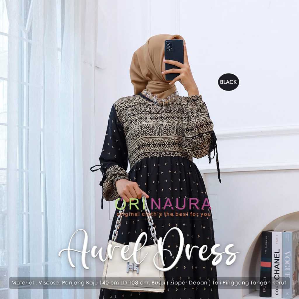 Asila Dress || Aurel Dress || Gamis Rayon Viscose Motif Cantik Lengan Pita Elegant By Ori Naura