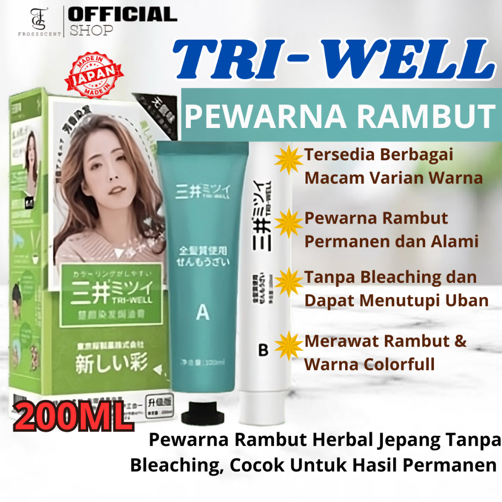 Pewarna Cat Rambut Permanen Penutup Uban Tanpa Bleaching Tri Well 200ML 100% Original Jepang