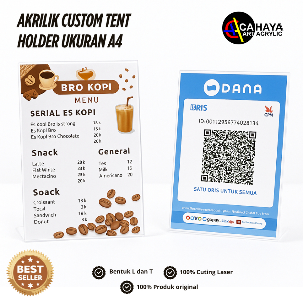 

AKRILIK DISPLAY/TENT CARD HOLDER /QRIS BARCODE /DISPLAY MENU RESTORAN UKURAN A4 BENTUK T DAN L