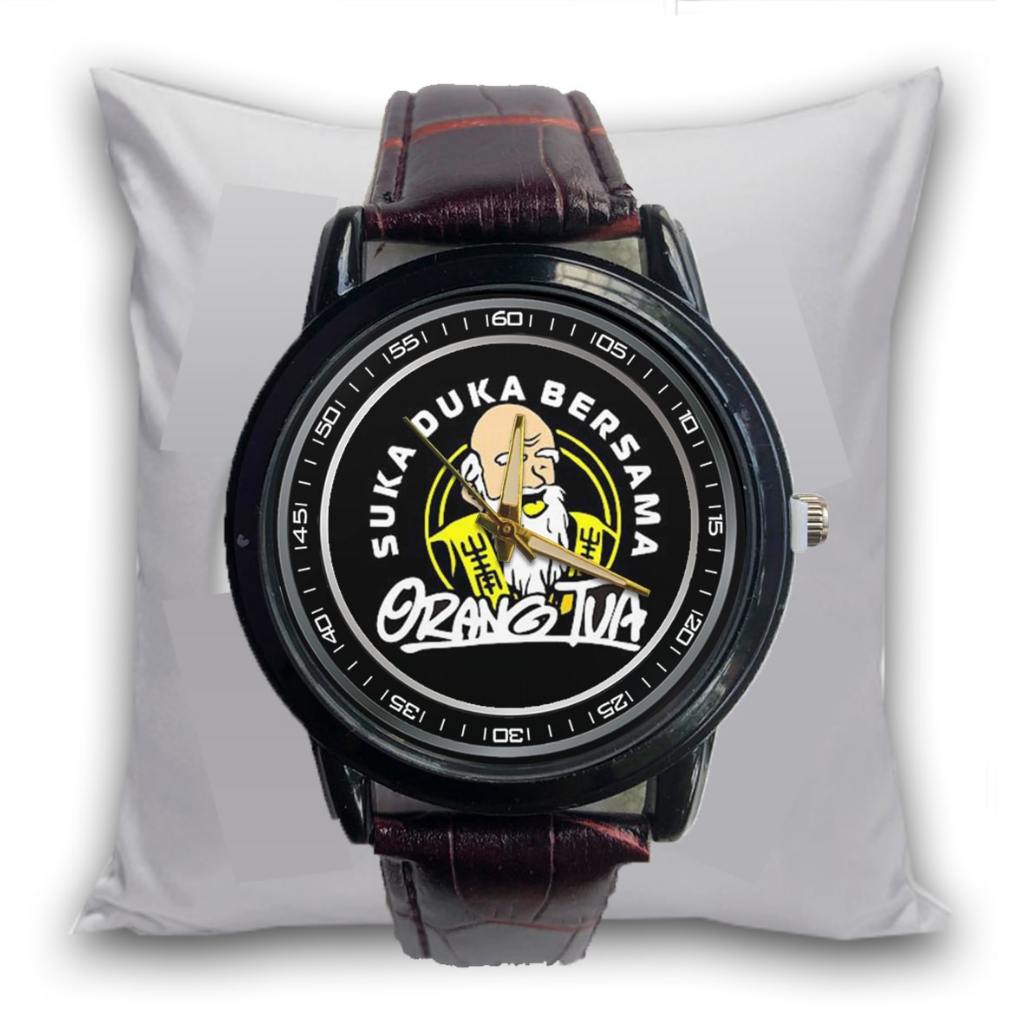 Jam Tangan Pria ORANG TUA MINUMAN JENGGOT LOGO Kulit Coklat Formal Bisnis Quartz Analog Custom Keren