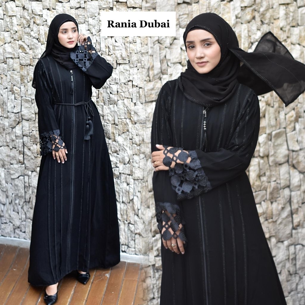 Abaya Gamis Hitam Rania Dubai Hitam Turky Gamis Busana Muslim Fashion Wanita( tampa belt) Kombinasi 