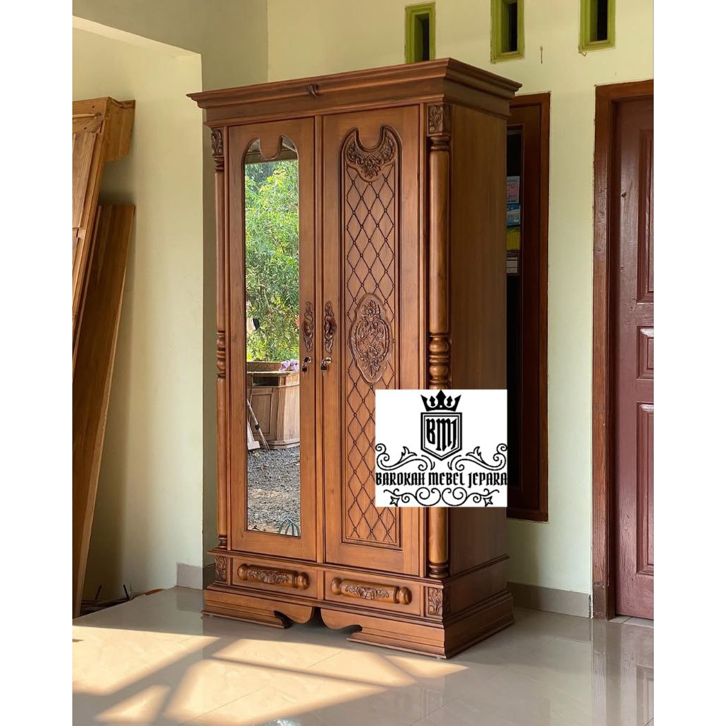 lemari pakaian 2 pintu jepara plus kaca cermin , lemari baju plus cermin