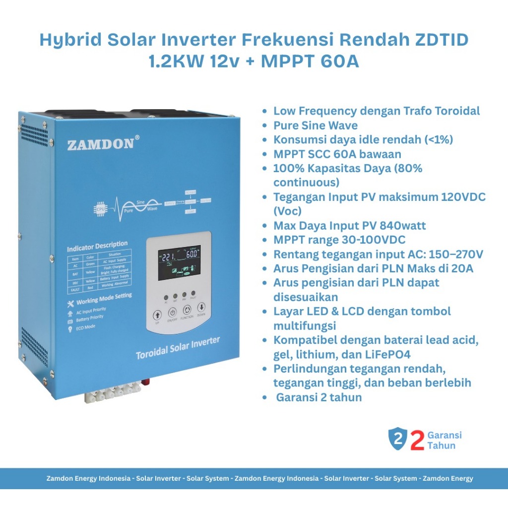 Inverter Frekuensi Rendah Hybrid Zamdon 1200W / 1500VA 12V Off Grid | MPPT 60A | Garansi 2 Tahun