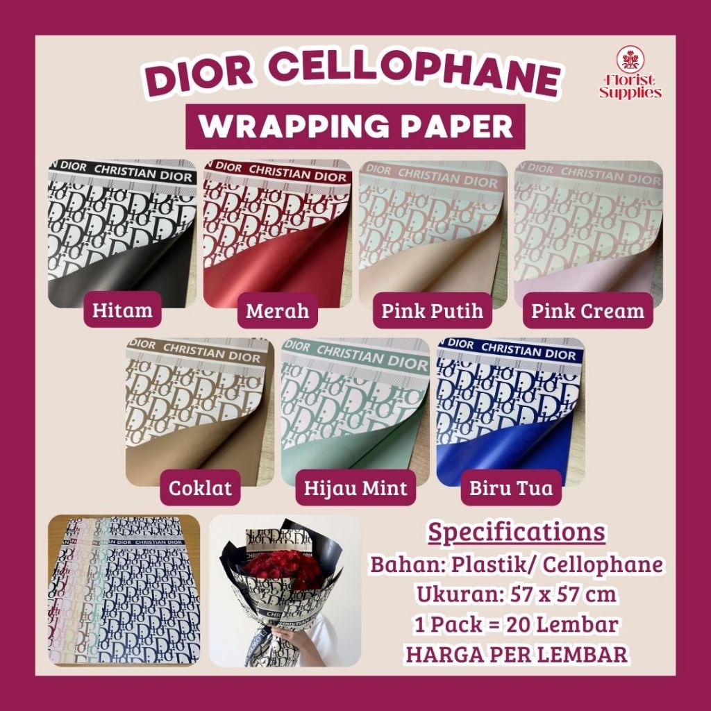 

UM1 Kertas Buket Bunga Motif Merk Dior Cellophane Flower Wrapping Paper Pembungkus Buket Bunga