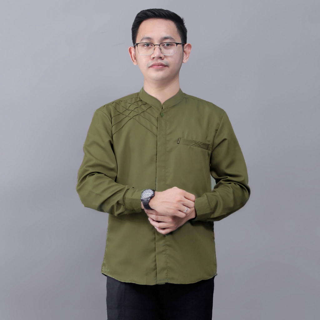 Baju Koko Pria Elrumi Lengan Panjang Motif Jaring Jaring Warna Hijau Army