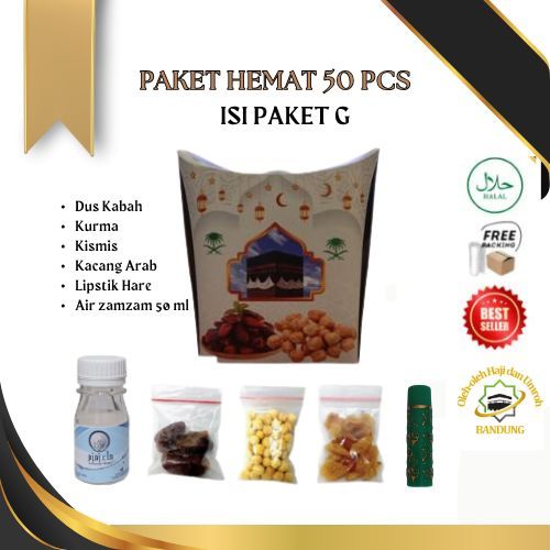 

Oleh Oleh Haji/Umroh Isi 50 Paket G Dus Tali, Botol+Air zam zam, Kurma, Kacang Arab, Kismis, lipstik
