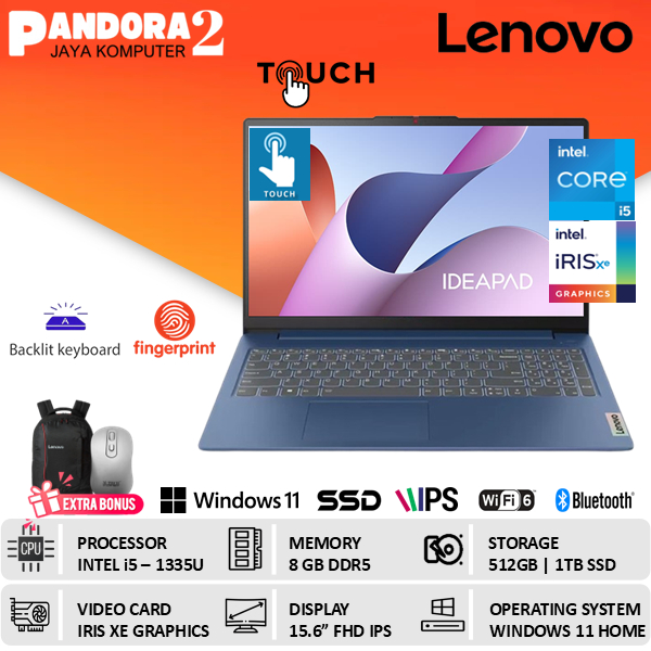 LENOVO IDEAPAD SLIM 3i 15 TOUCH INTEL CORE i5 1335U 8GB 512GB WINDOWS 11 FHD IPS LAPTOP 15IRU8