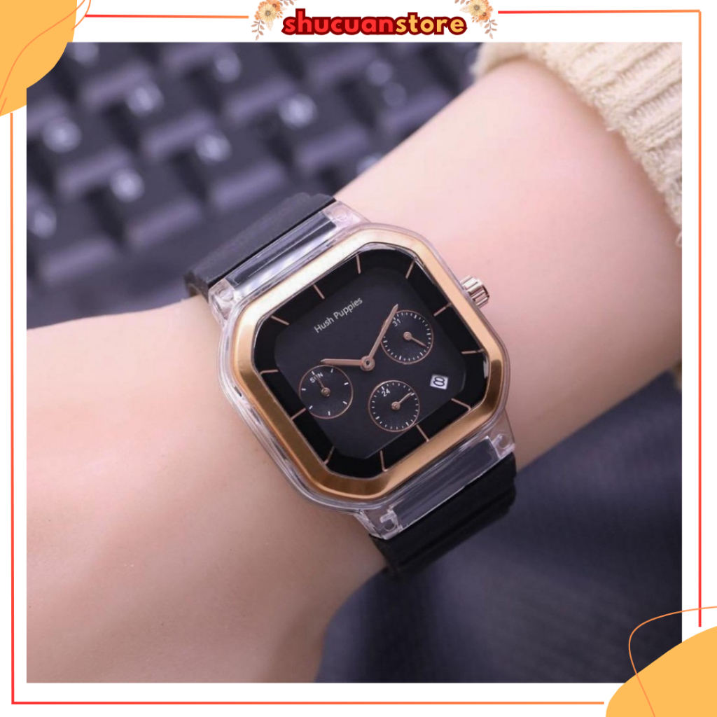 SH Jam Tangan Wanita Pria Hush Puppies 2811 9311 Rubber Segi Crono Detik Tanggal Aktif HP001